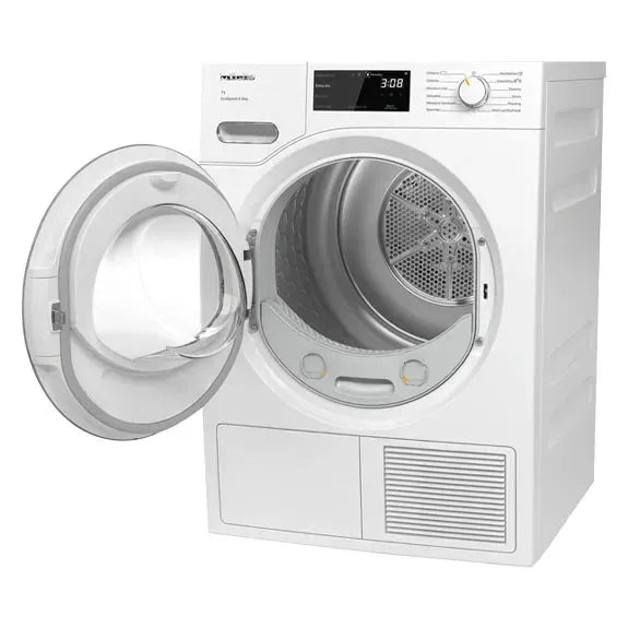 White front-load clothes dryer with open door, digital display, and control dial for modern laundry rooms