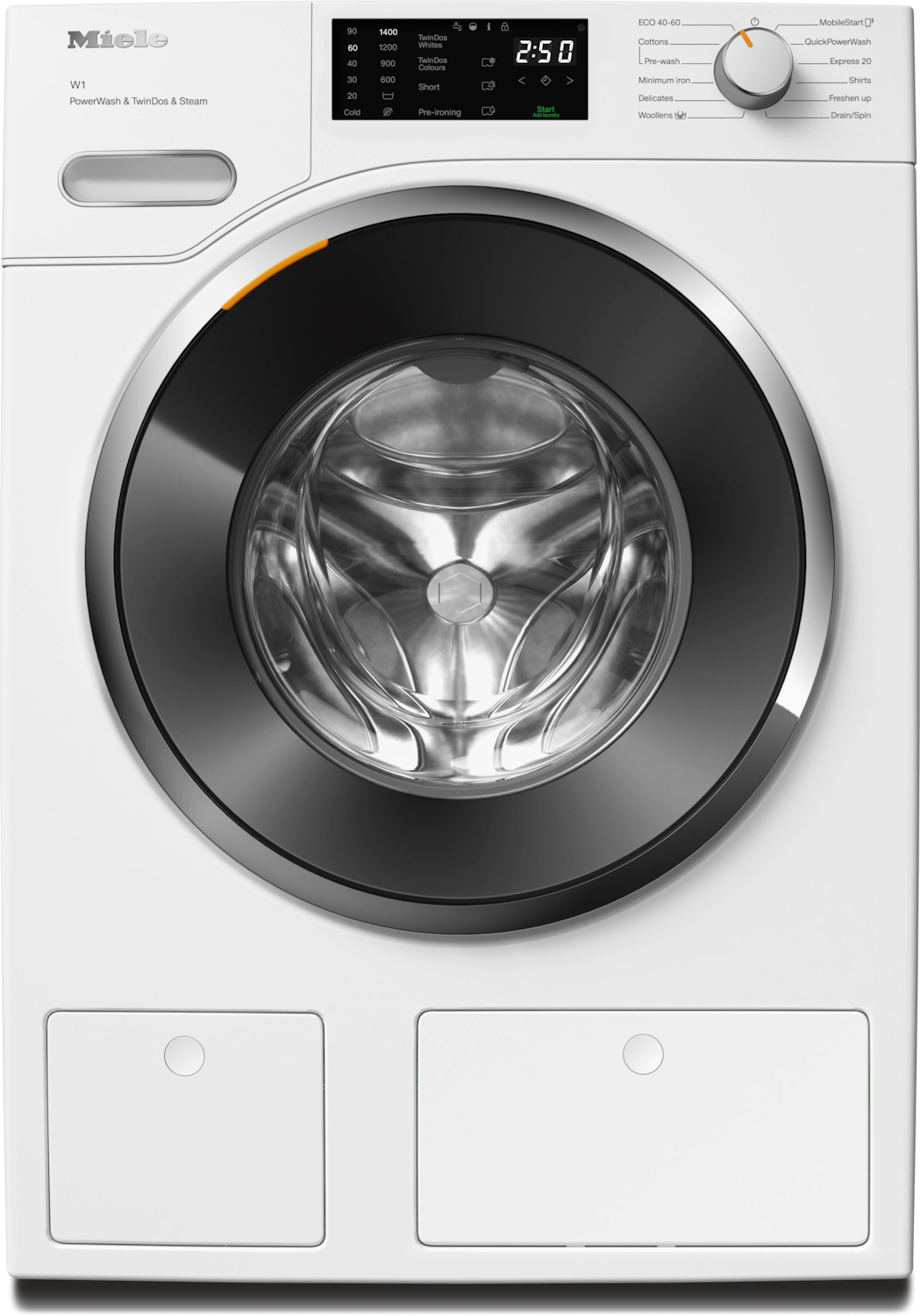 Miele W1 front load washer with PowerWash & Steam, digital display, and dual detergent drawers