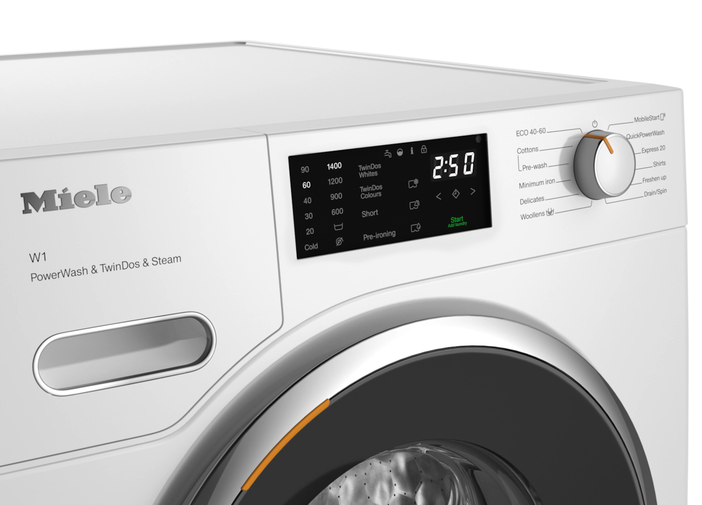 Miele W1 front load washer with digital display, TwinDos & Steam features, sleek white design