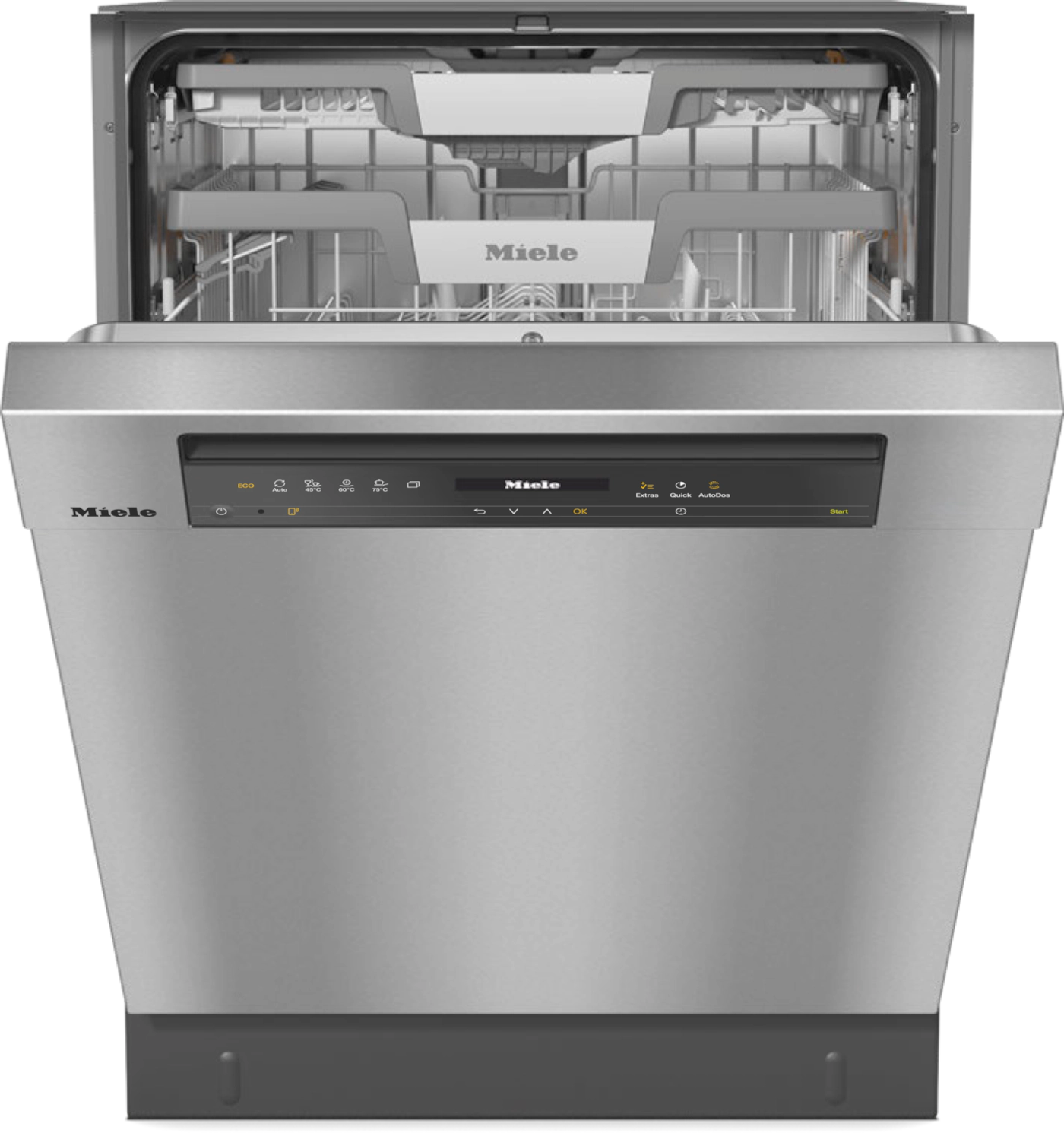 Miele stainless steel dishwasher with open door, interior racks visible, and control panel displaying wash settings