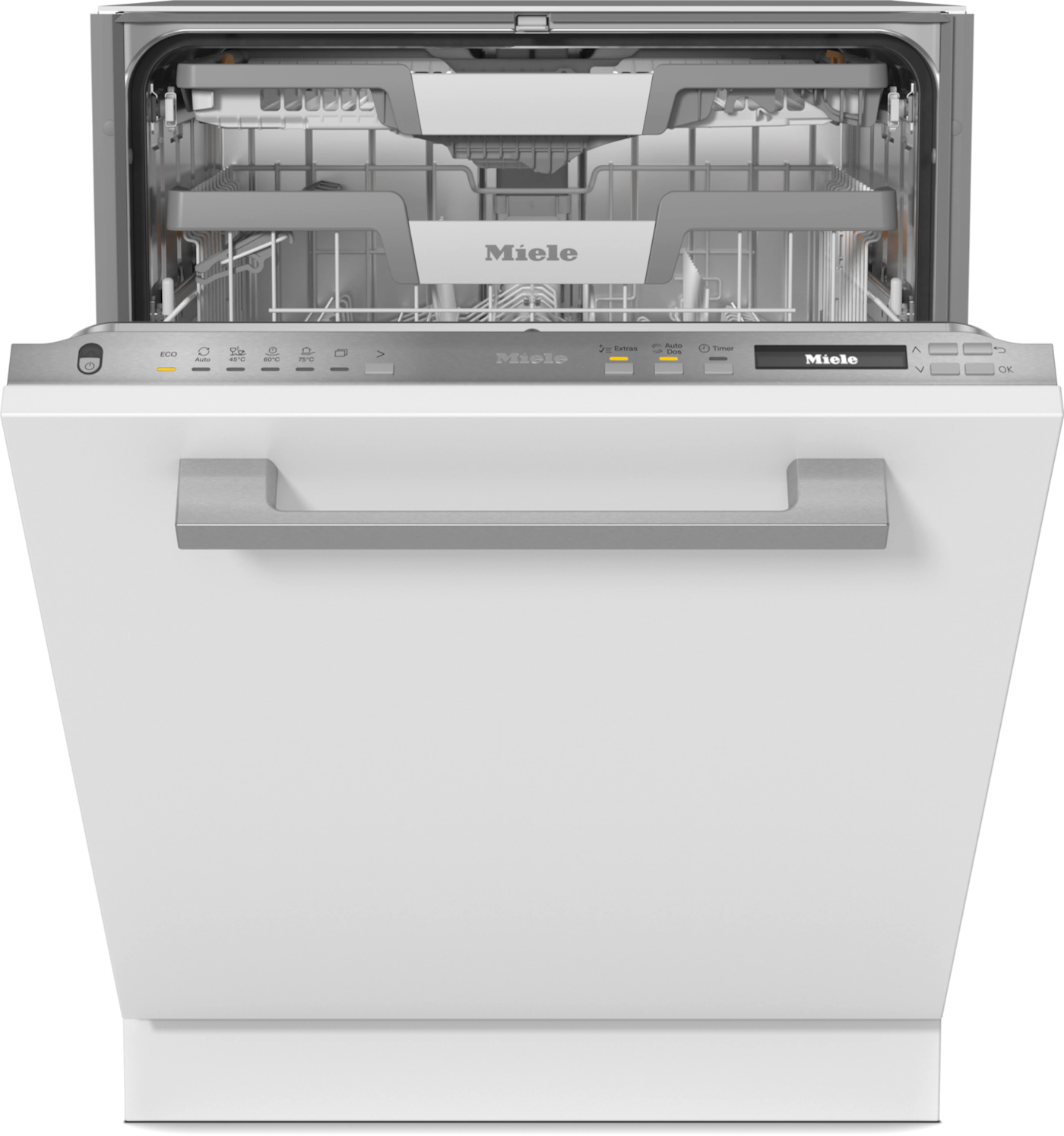 Miele built-in dishwasher with open door, stainless steel interior, and control panel for kitchen appliance gallery