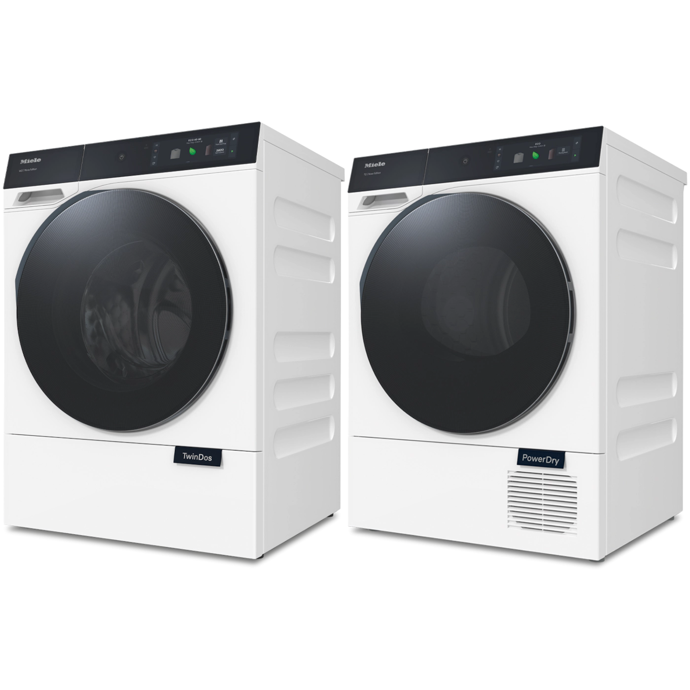 Miele TwinDos washer and PowerDry dryer set, sleek white front-load laundry appliances for modern kitchens