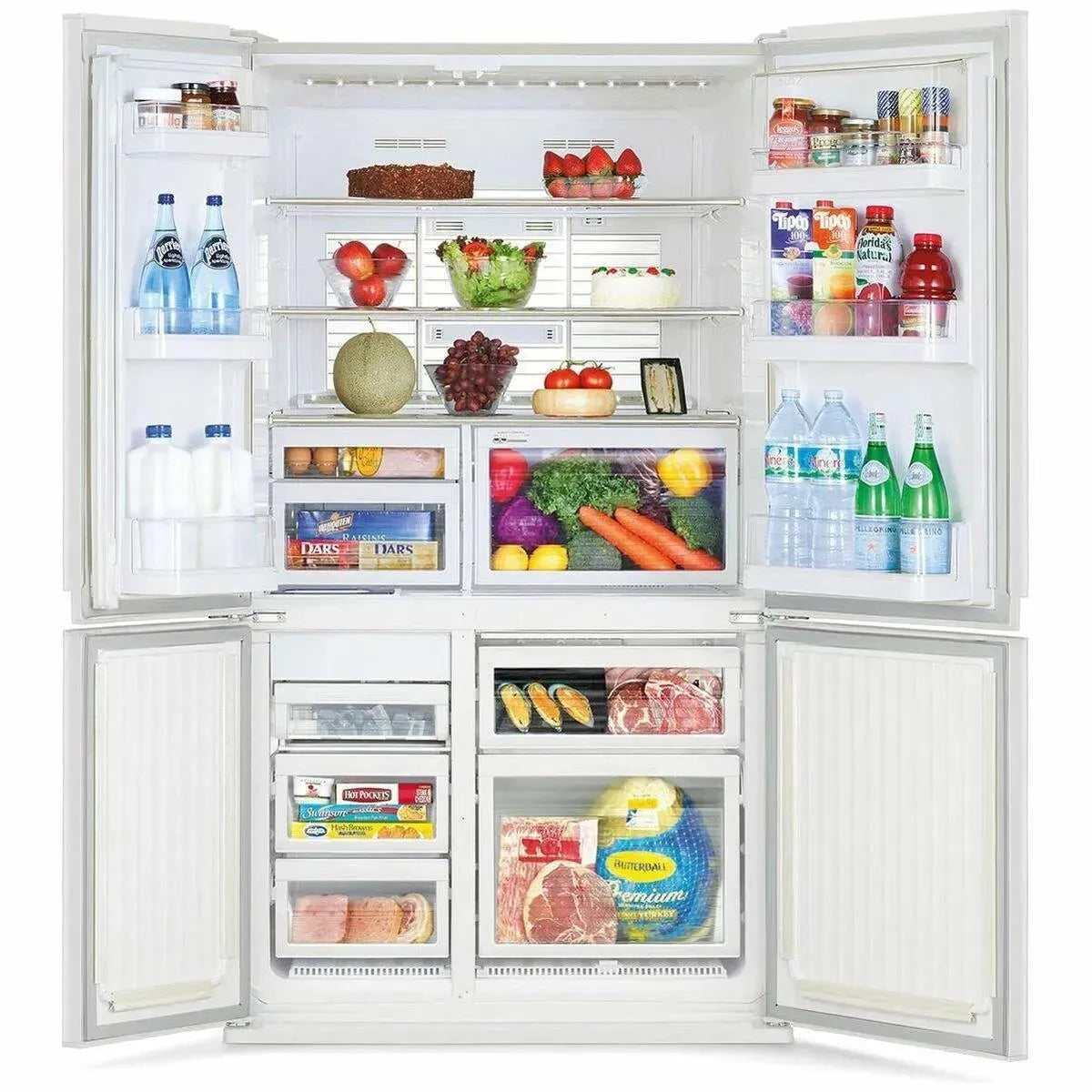 Fully stocked French door refrigerator with fresh produce, drinks, and frozen foods, ideal for modern kitchens.