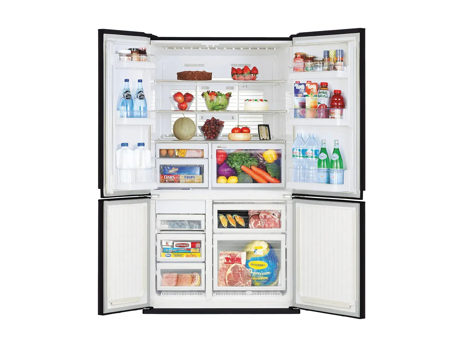 Side-by-side refrigerator with open doors, stocked with fresh produce, beverages, and frozen foods for modern kitchen storage.
