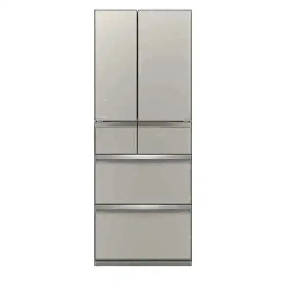 Stainless steel French door refrigerator with bottom freezer drawers, modern kitchen appliance