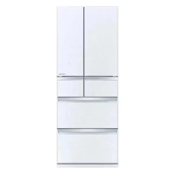 White multi-door refrigerator with bottom freezer drawers, sleek modern kitchen appliance design