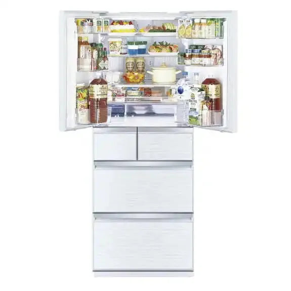 White French door refrigerator with open doors, stocked with groceries and beverages, ideal for modern kitchens