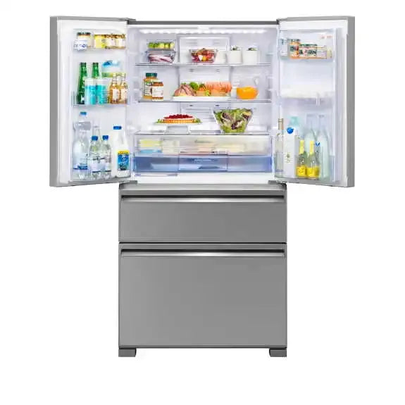 Stainless steel French door refrigerator with open doors, showcasing organized fresh food and beverages inside.