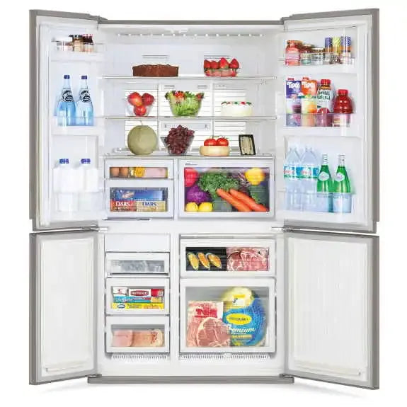 Fully stocked French door refrigerator with fresh produce, drinks, and frozen foods inside