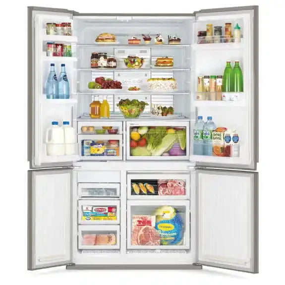 Stylish side-by-side refrigerator with open doors, stocked with fresh groceries and beverages for modern kitchens