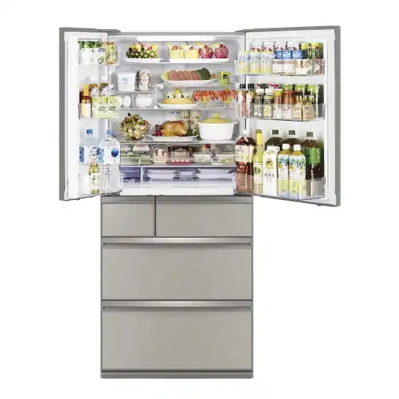 Stylish side-by-side refrigerator with fully stocked shelves, perfect for modern kitchen appliance needs.