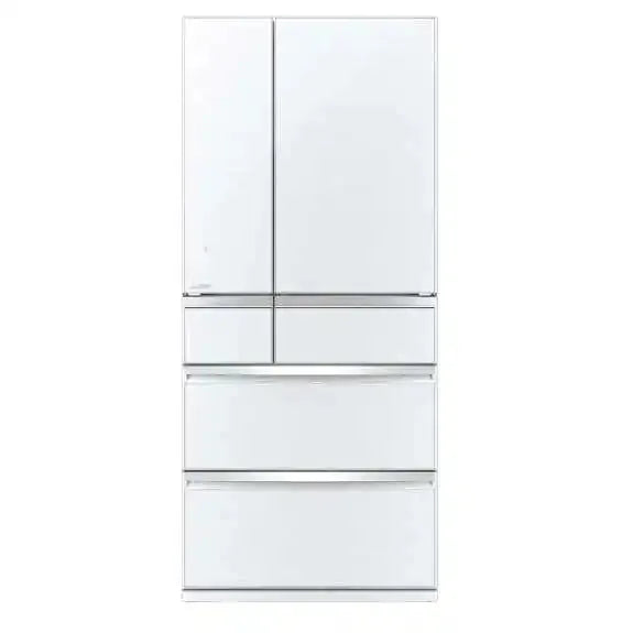 Sleek white French door refrigerator with bottom freezer drawers, modern kitchen appliance