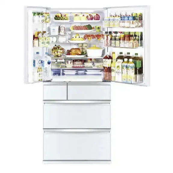 White French door refrigerator with freezer drawers, stocked with groceries and beverages for modern kitchen