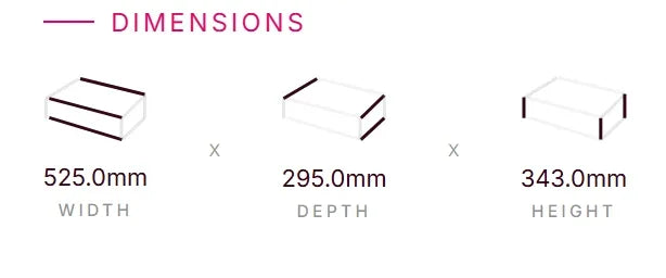 Product dimensions diagram showing width 525.0mm, depth 295.0mm, and height 343.0mm.