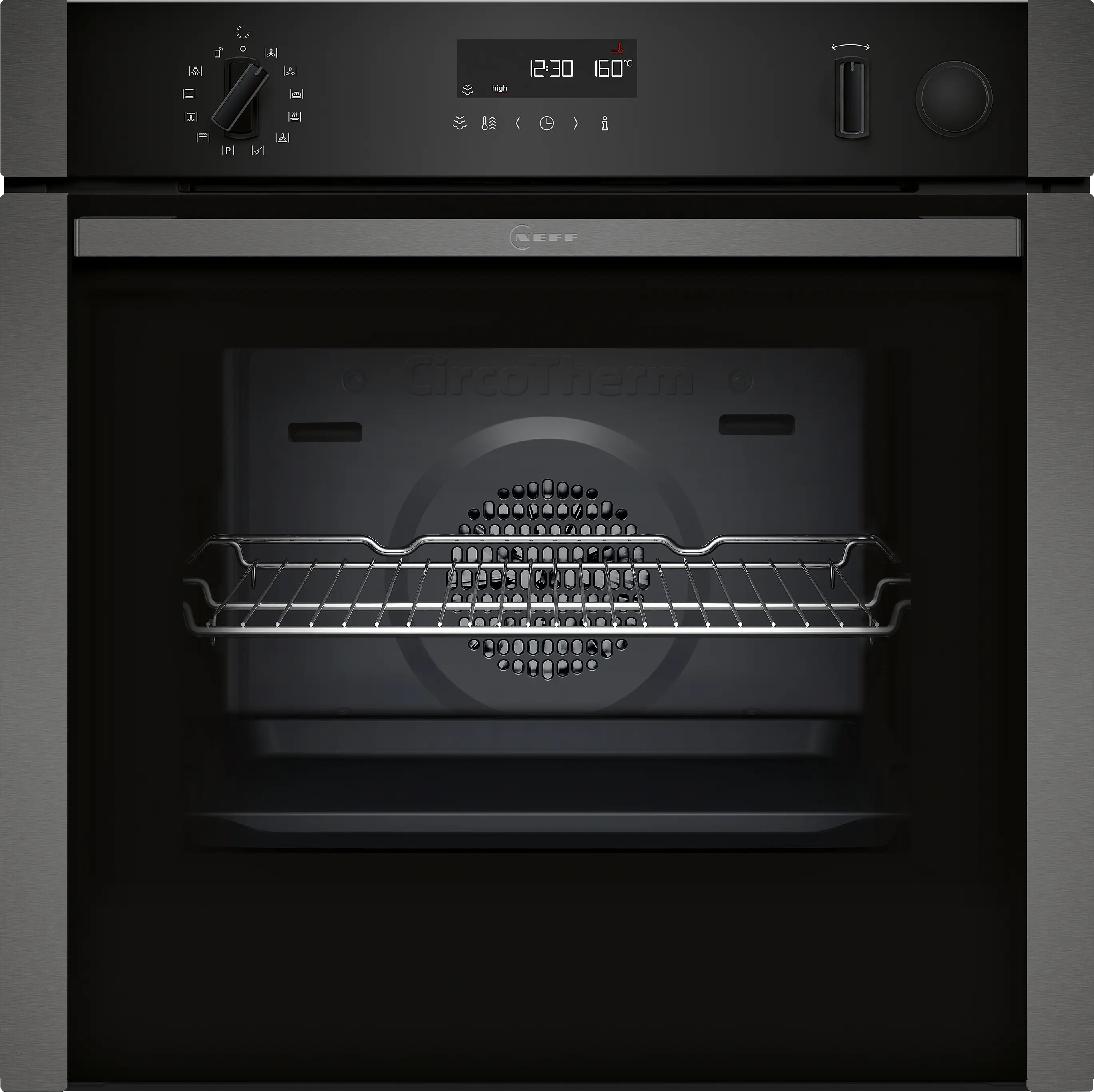 NEFF built-in oven with CircoTherm, digital display, and stainless steel rack for modern kitchen appliances