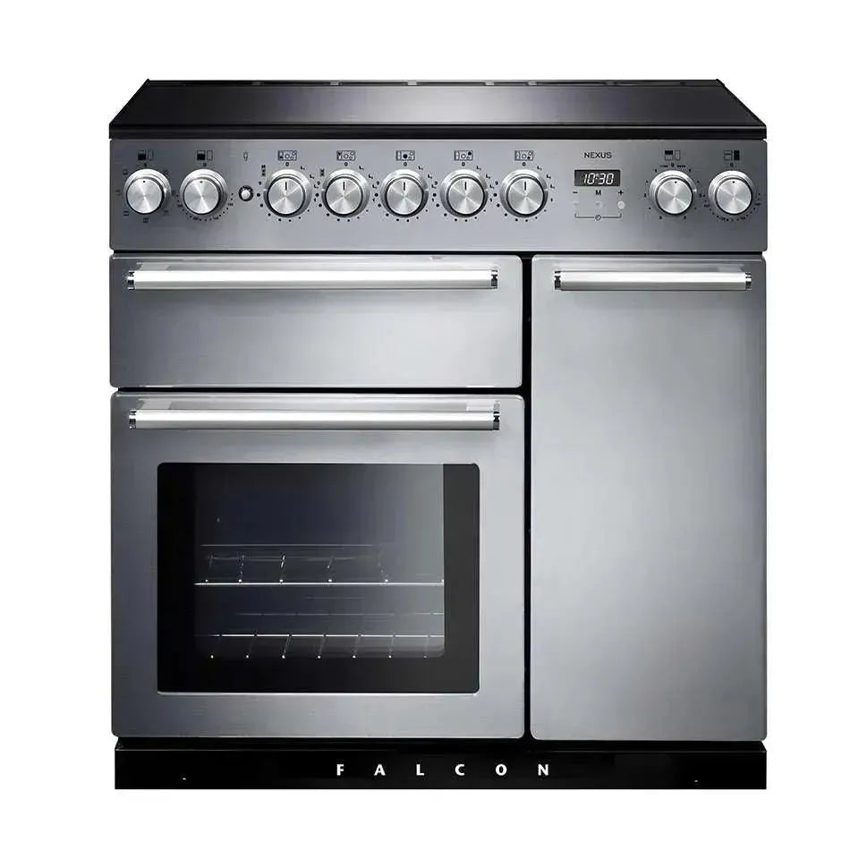 Stainless steel Falcon range cooker with induction hob, dual ovens, and Nexus controls for modern kitchen design