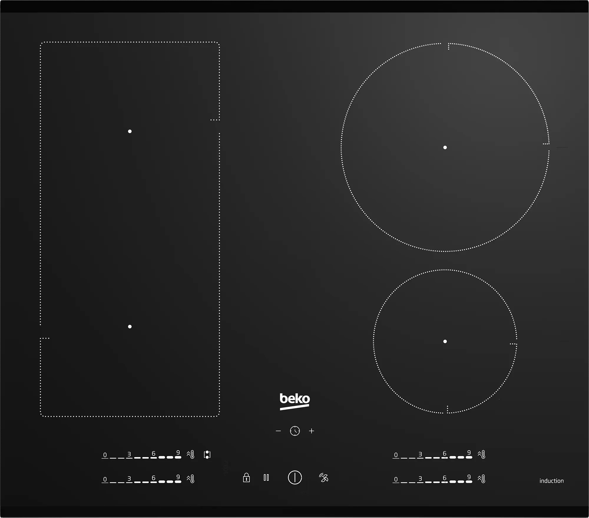 Beko black glass induction cooktop with touch controls and multiple heating zones