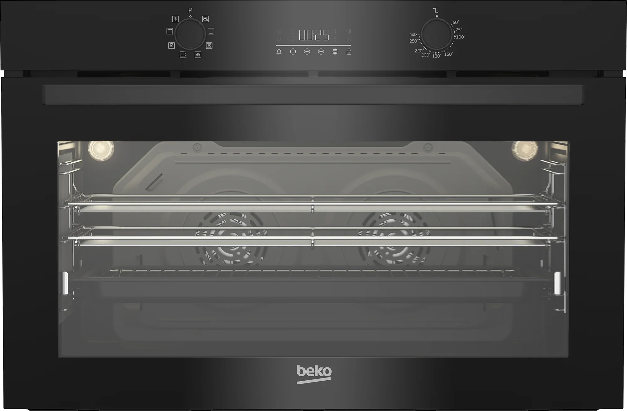 Beko black built-in oven with digital controls and interior racks