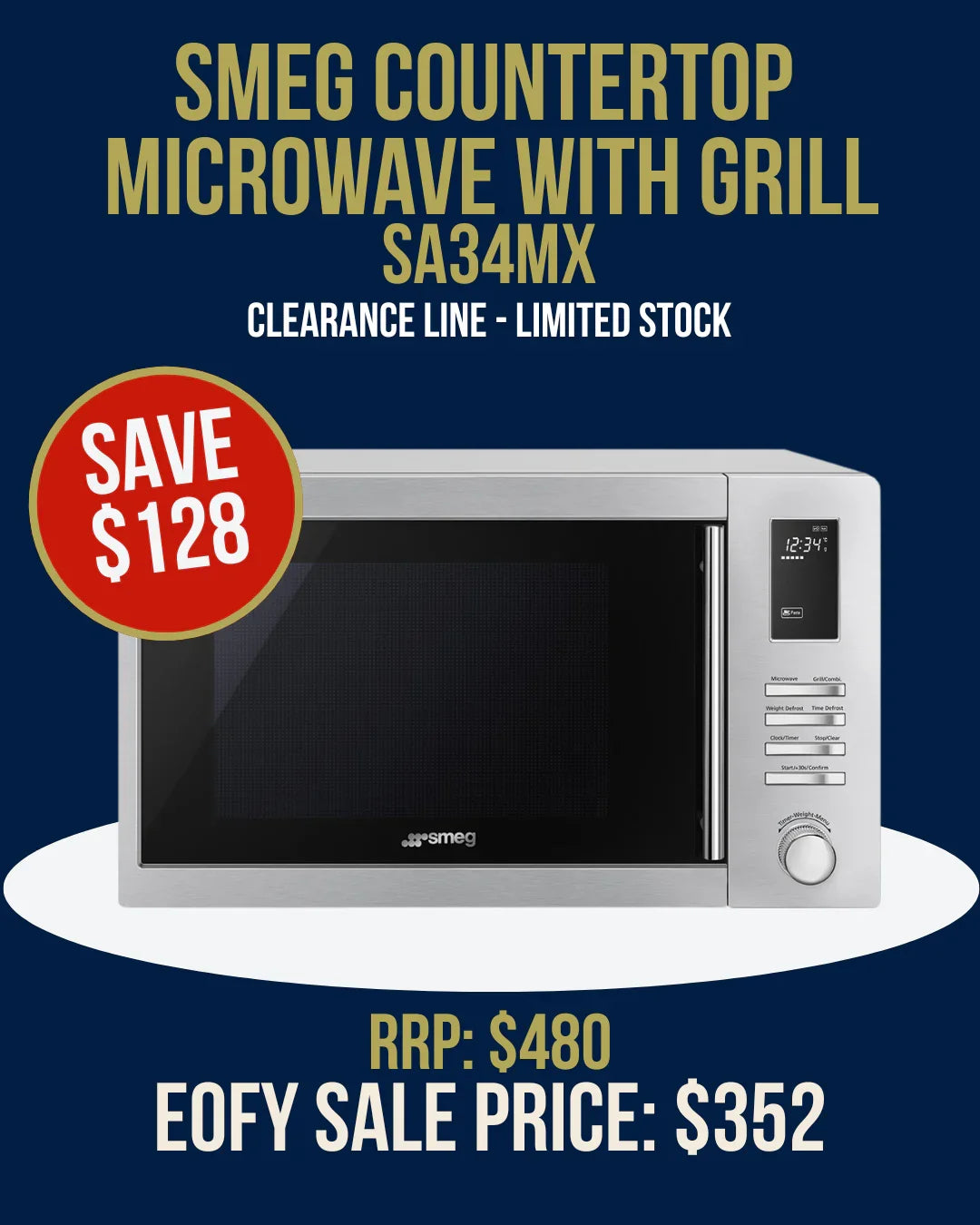 SMEG countertop microwave with grill SA34MX, stainless steel design, clearance sale