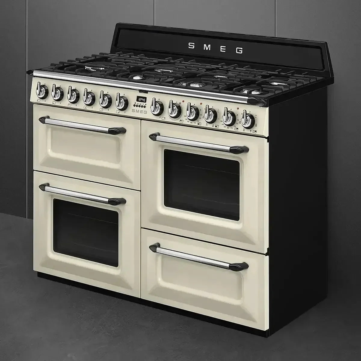 Falcon premium European glass black upright 1100mm induction cooker with dual ovens and gas burners