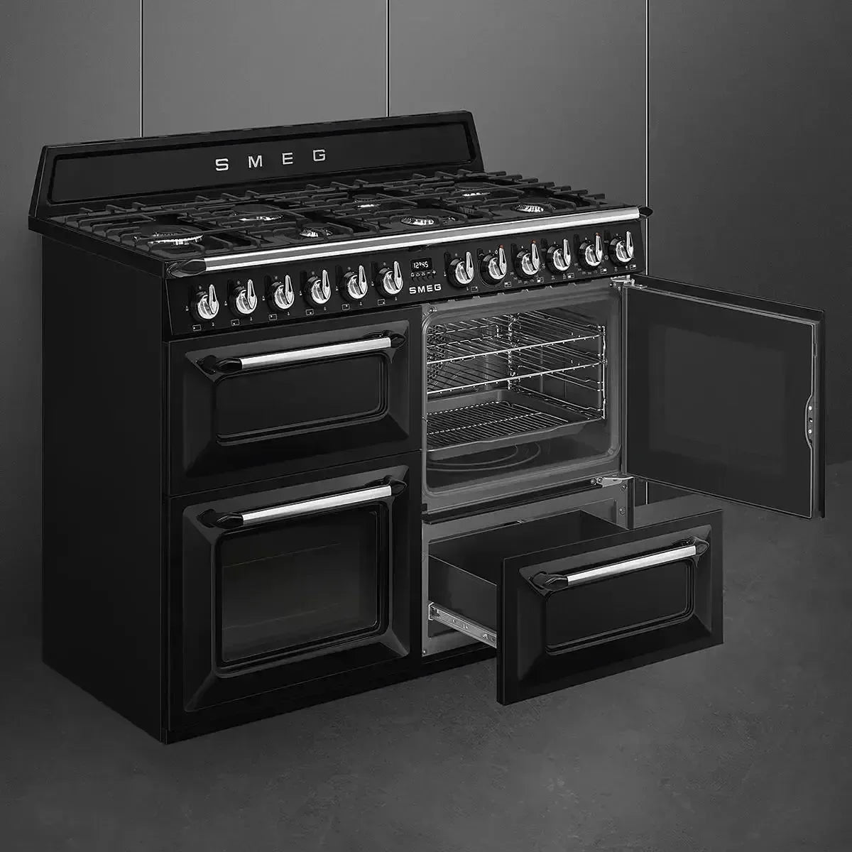 Falcon premium European glass black upright 1100mm induction cooker with open oven doors
