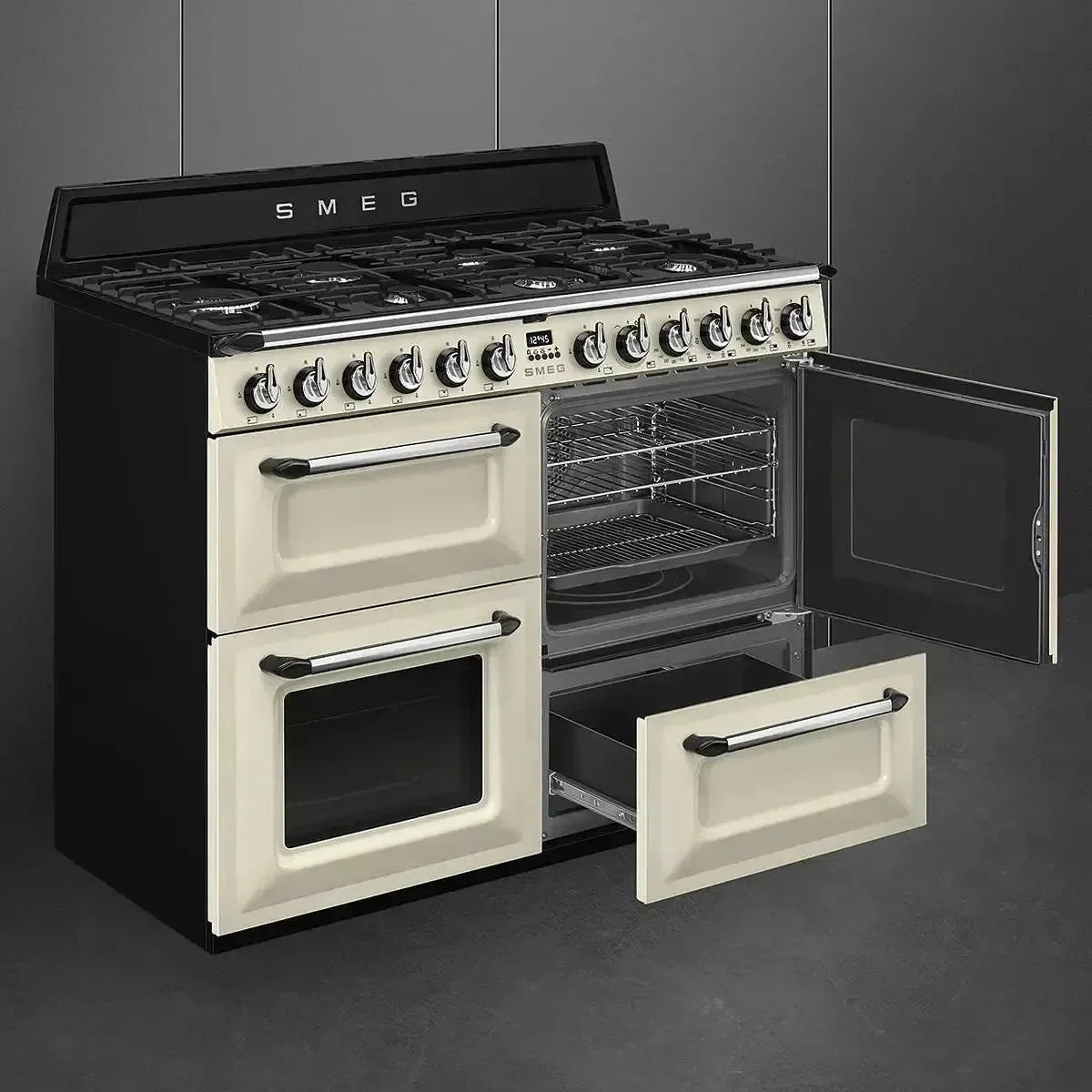 Falcon premium European glass black upright 1100mm induction cooker with open oven doors
