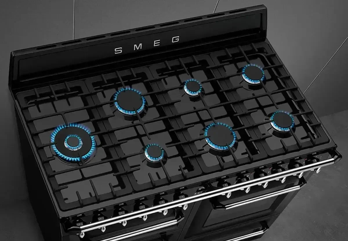Falcon premium European glass black upright 1100mm induction cooker with blue flames