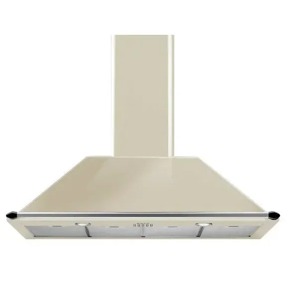 Cream European-style kitchen range hood with sleek design and stainless steel accents