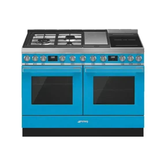 Vibrant blue dual oven range with gas cooktop and induction zone, perfect for modern designer kitchens
