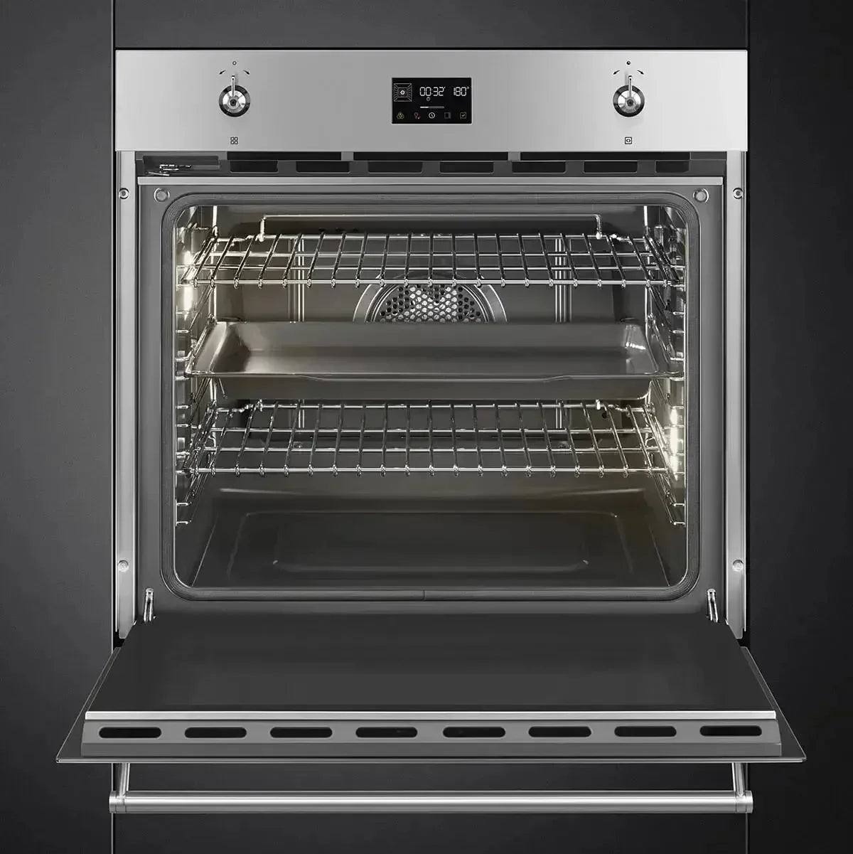 Falcon premium European Glass Black Upright 1100mm Induction Cooker with open oven door