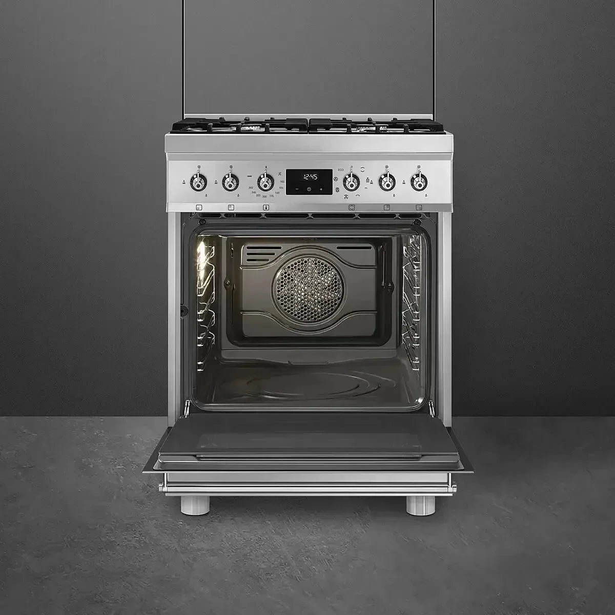 Falcon European Glass Black Upright 1100mm induction cooker with oven door open