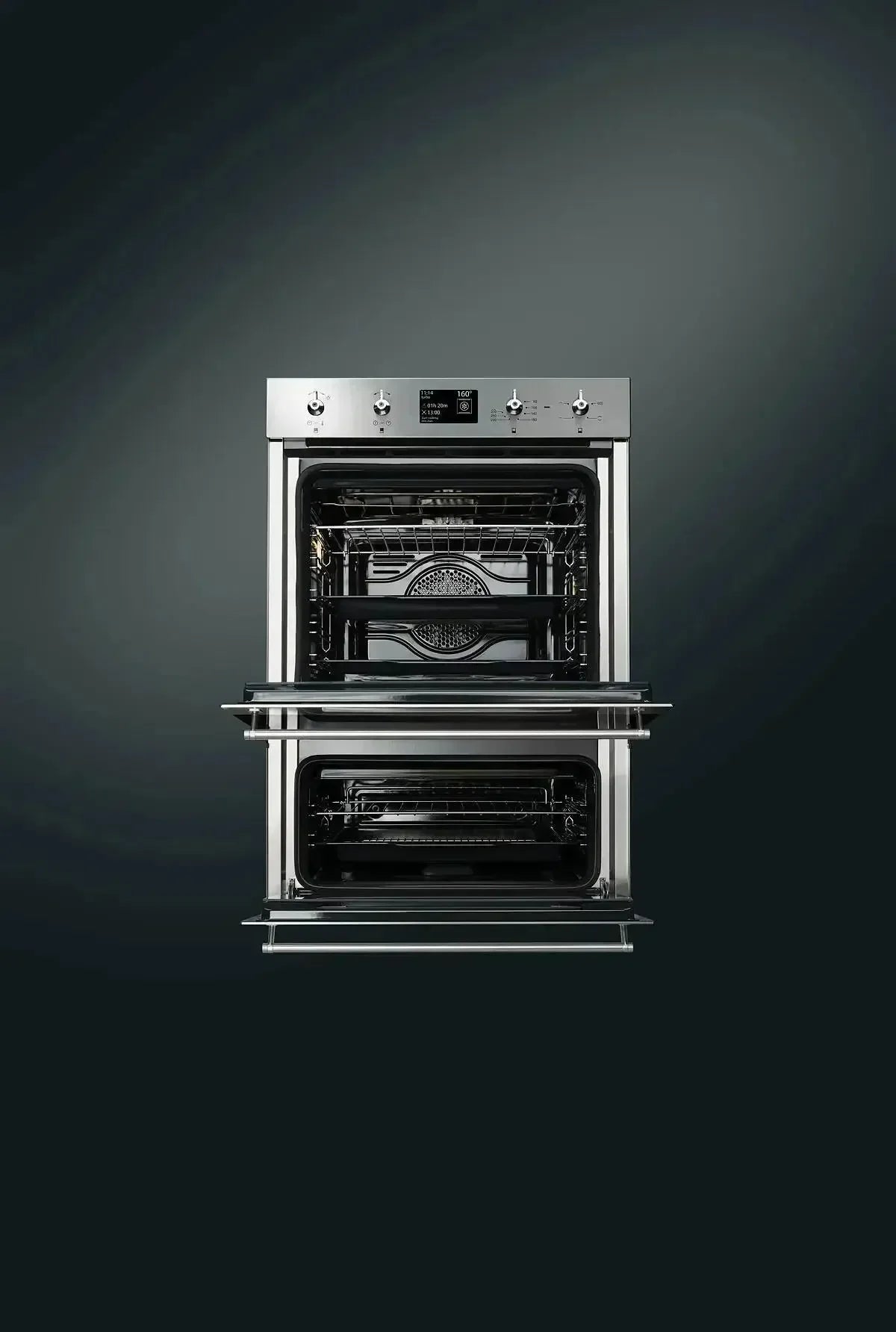 Falcon premium European Glass Black Upright 1100mm Induction Cooker with double oven doors open