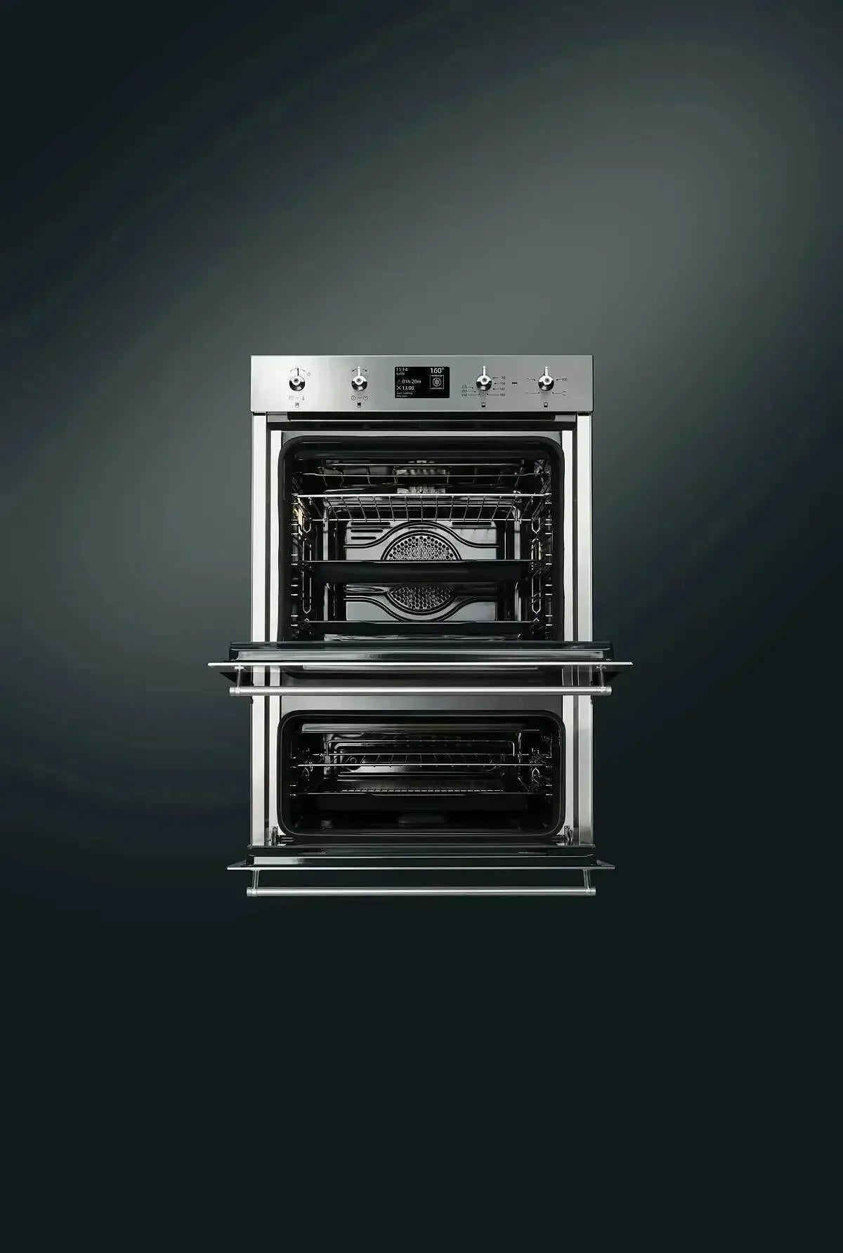 Falcon premium European Glass Black Upright 1100mm Induction Cooker with double oven doors open