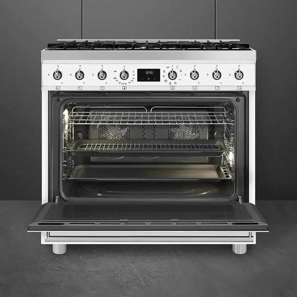 Falcon premium European Glass Black Upright 1100mm Induction Cooker with open oven door