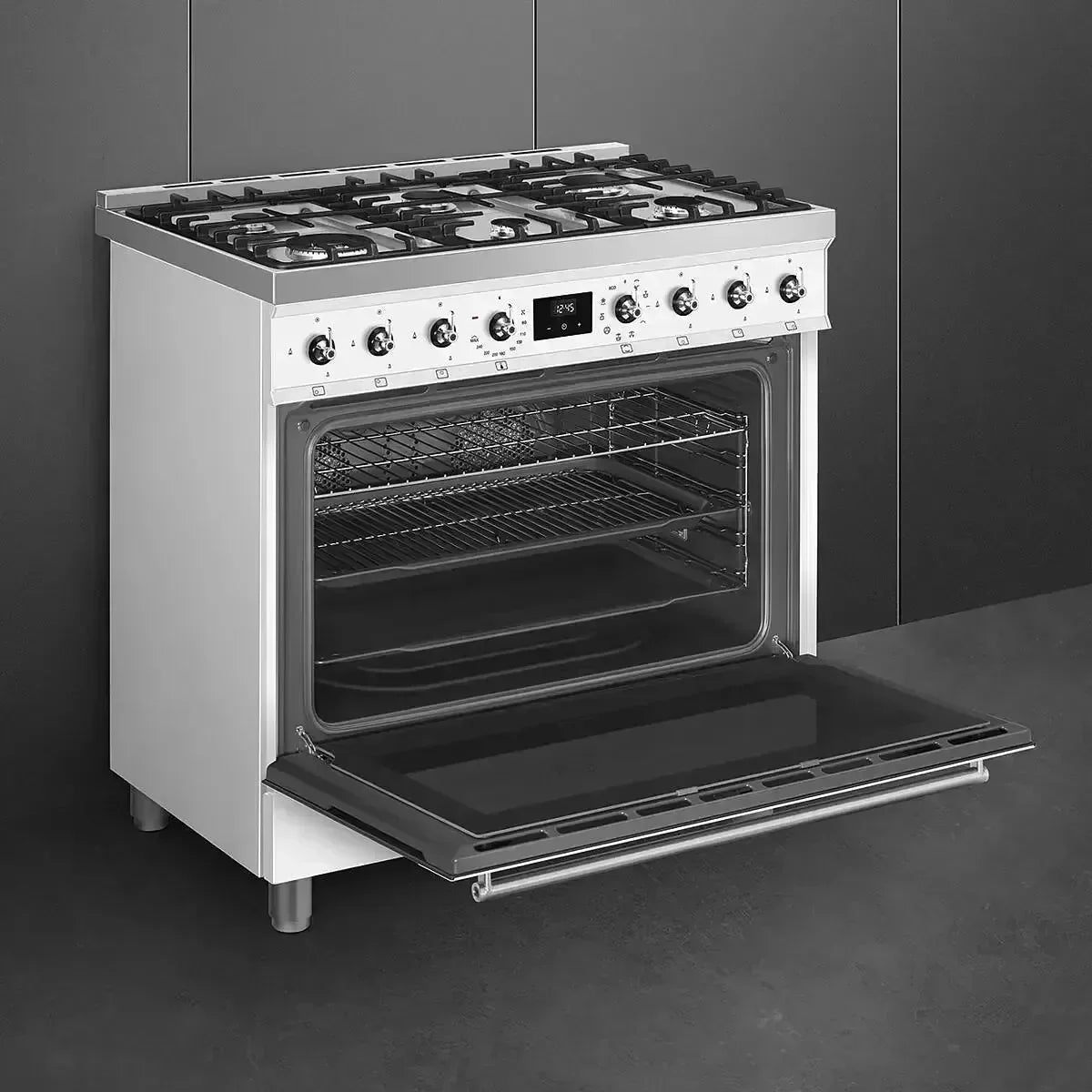 Falcon premium European Glass Black Upright 1100mm Induction Cooker with open oven door