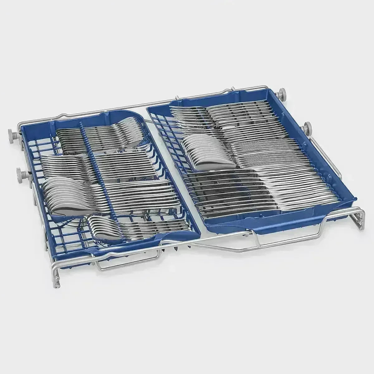 Falcon premium European Glass Black Upright 1100mm Induction Cooker dishwasher cutlery tray loaded with silverware.
