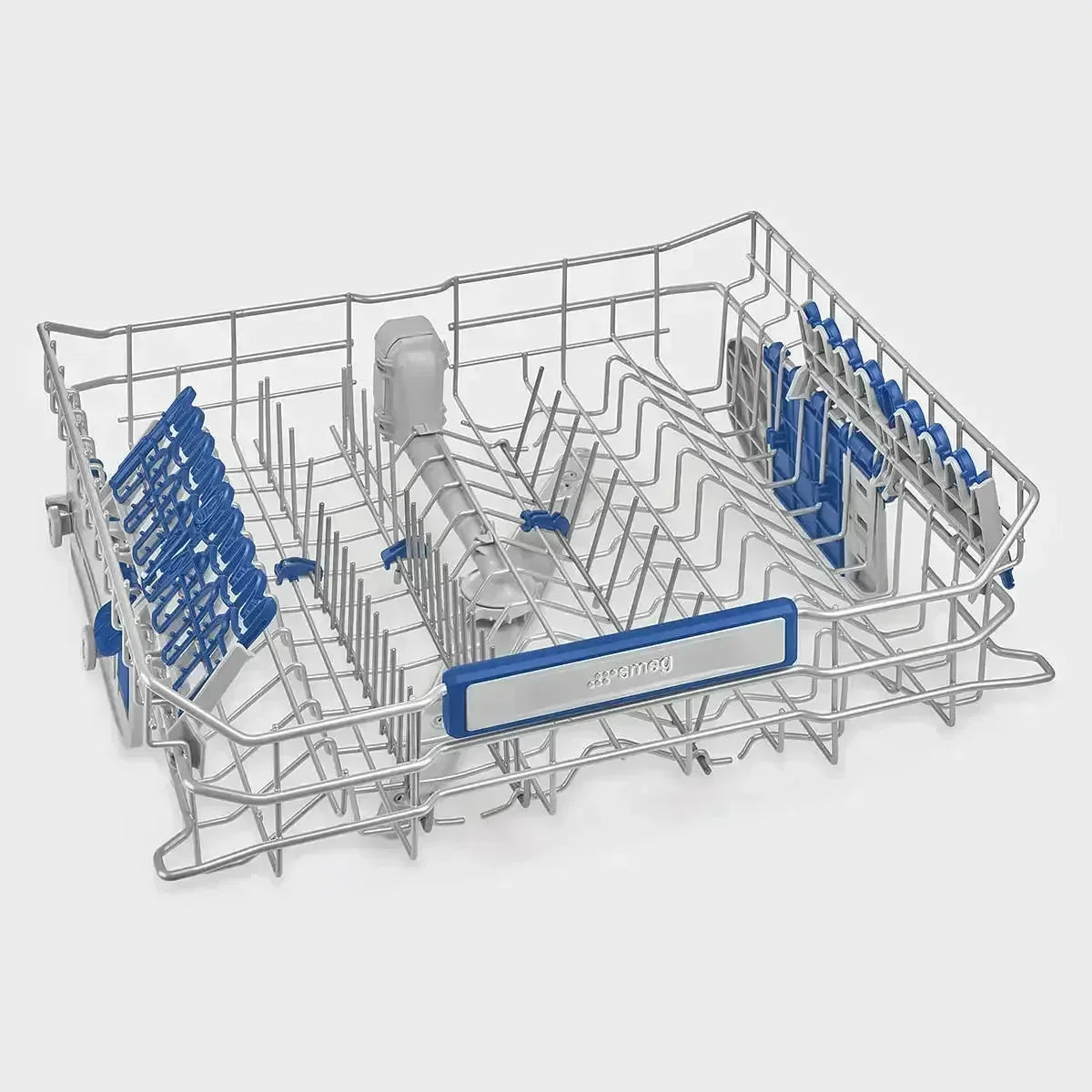 Dishwasher rack with blue accents, spacious metal interior and adjustable sections.