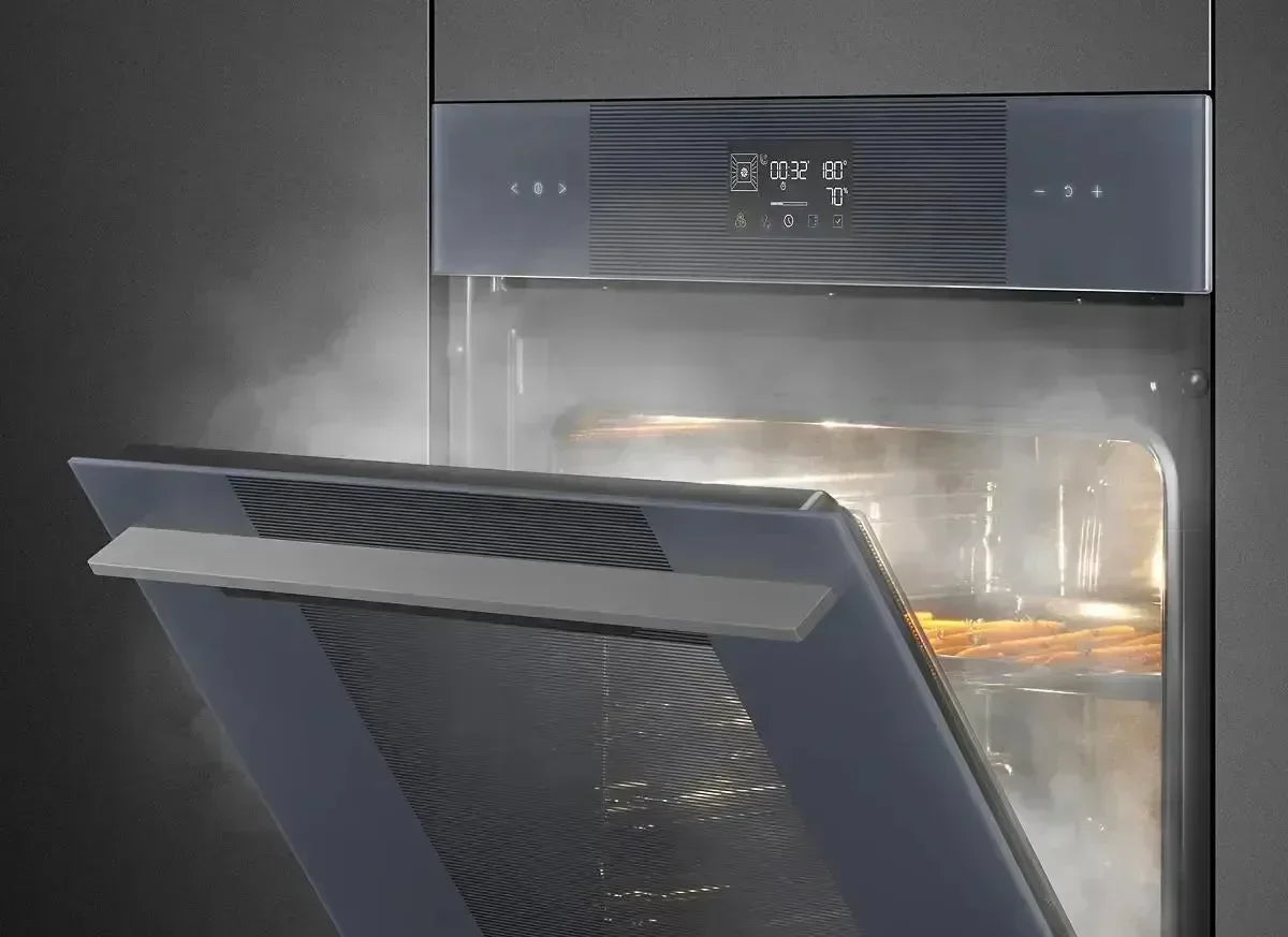 Falcon premium European glass black upright induction cooker with open door and digital controls