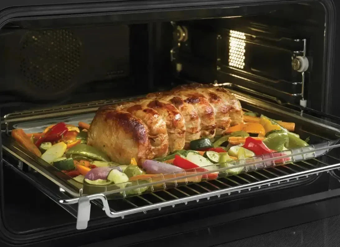 Falcon premium European Glass Black Upright 1100mm Induction Cooker roasting meat and vegetables in oven