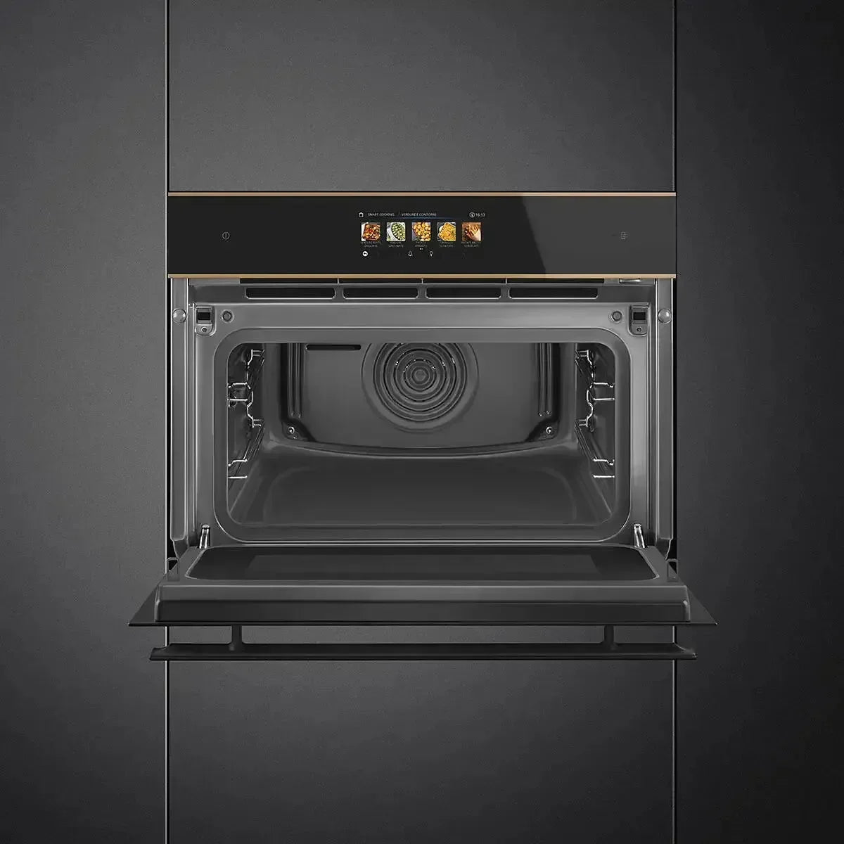 Falcon premium European Glass Black Upright 1100mm Induction Cooker with open oven door