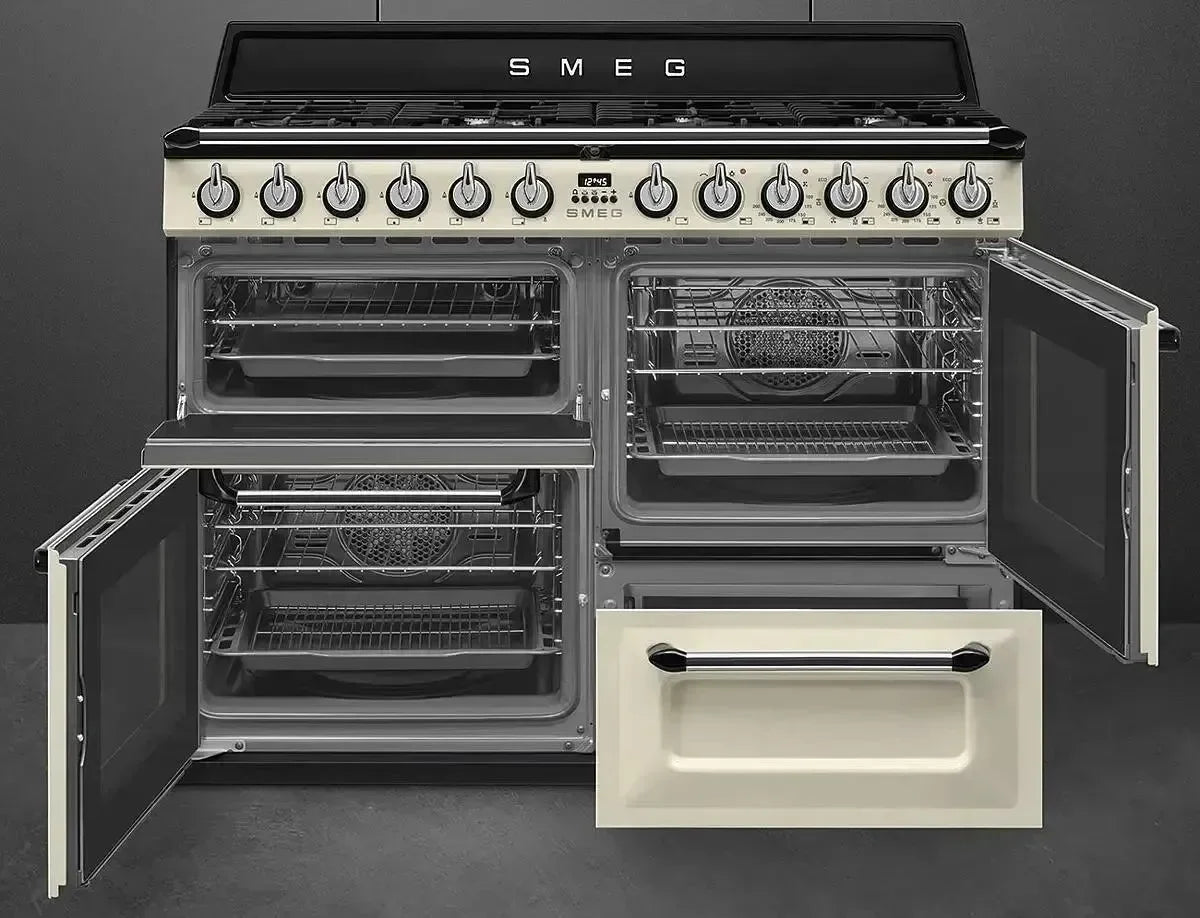 Falcon premium European glass black upright 1100mm induction cooker with dual ovens and cream finish