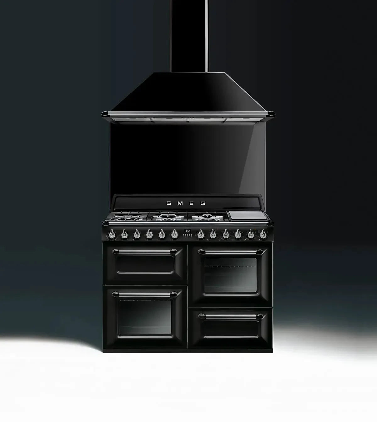 Falcon premium European glass black upright 1100mm induction cooker with sleek design