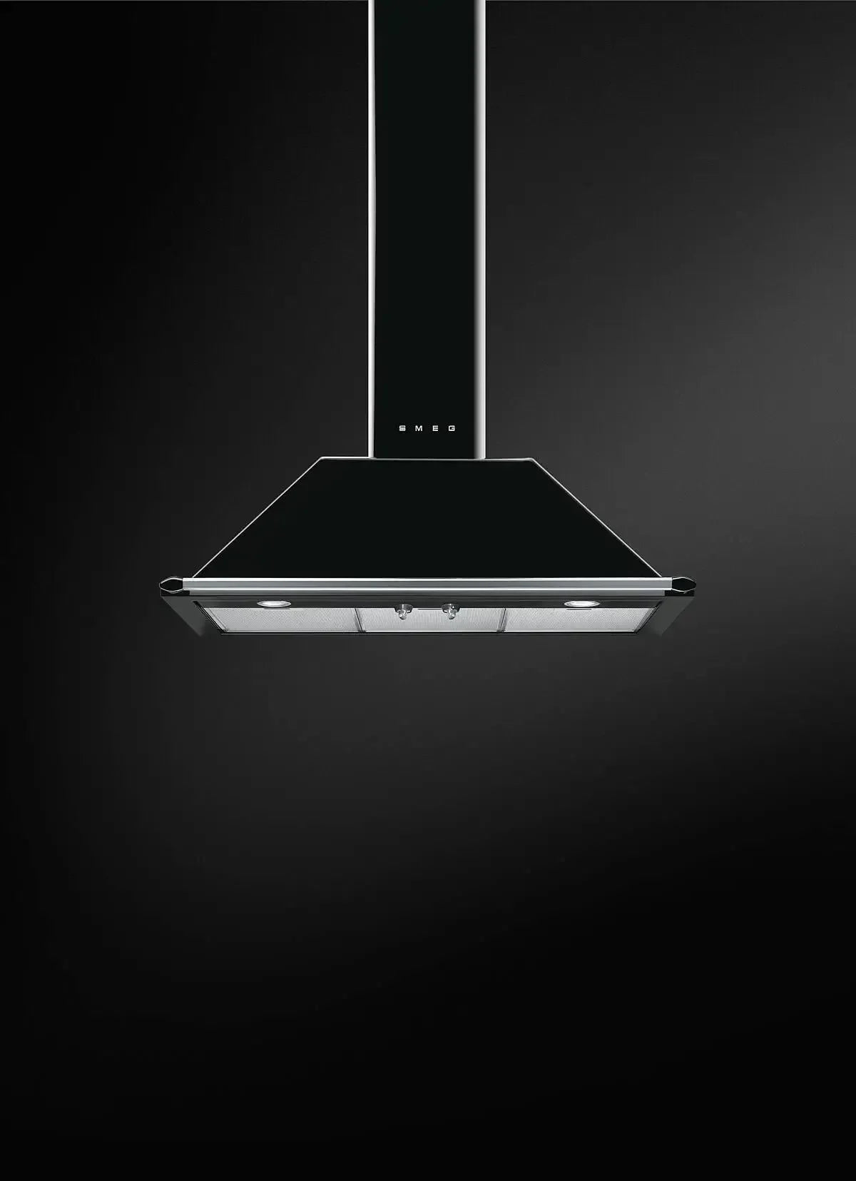 Sleek black glass kitchen range hood with modern design and stainless steel accents