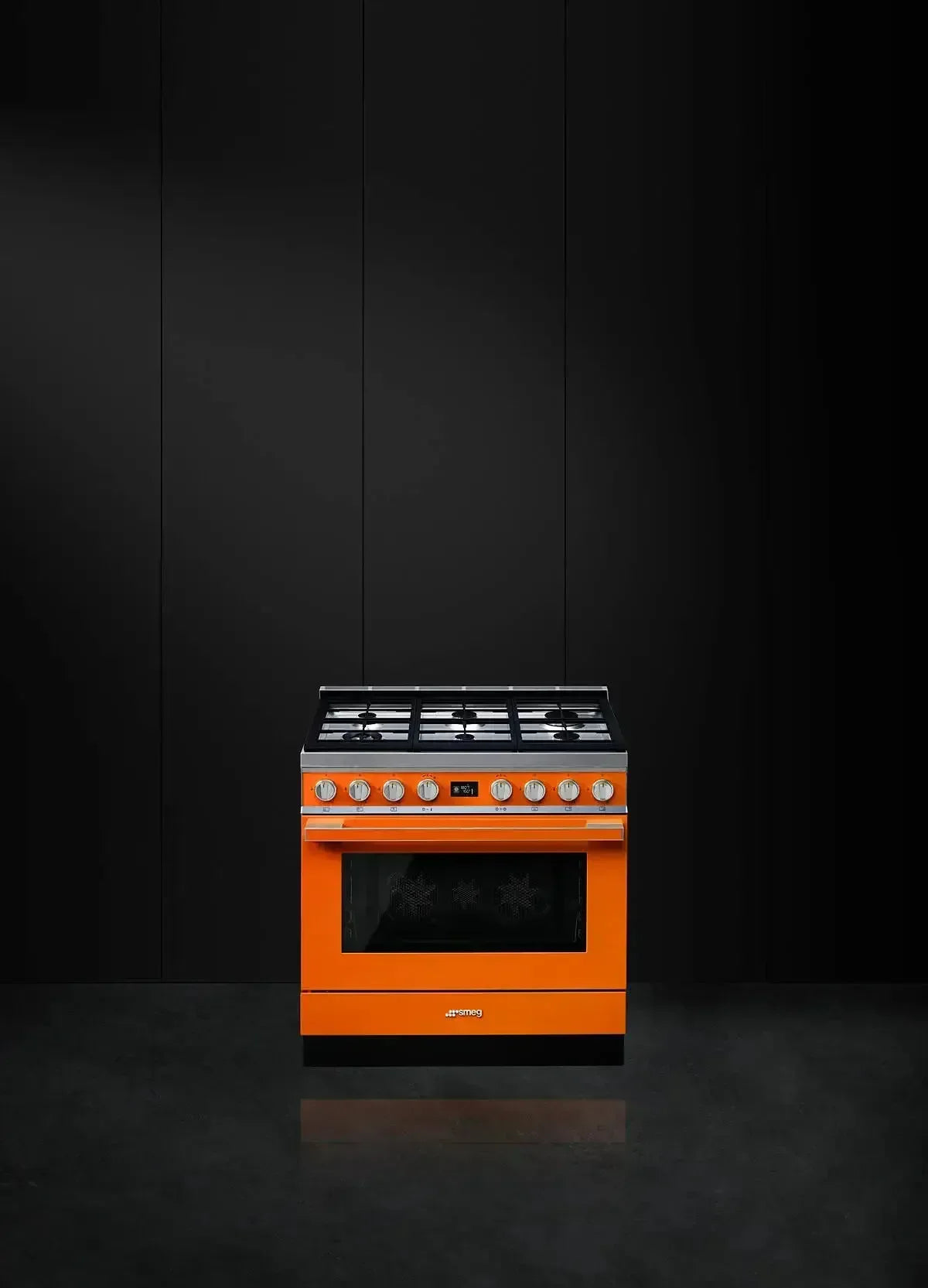 Falcon premium European glass black upright 1100mm induction cooker with vibrant orange finish