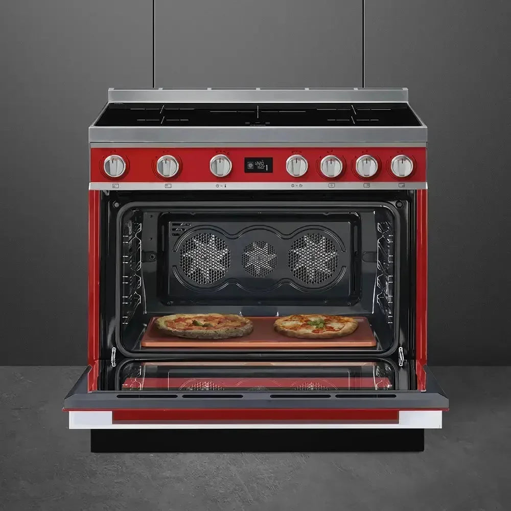 Falcon premium European glass black upright 1100mm induction cooker with pizzas baking inside