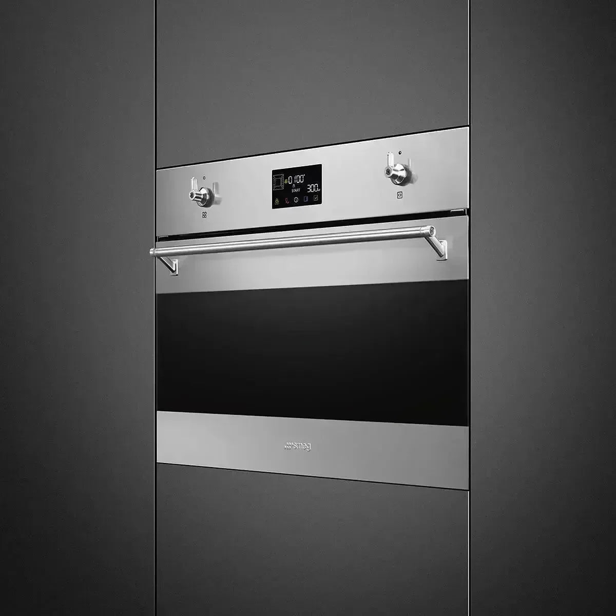 Stainless steel built-in oven with digital display, sleek handle, and modern kitchen cabinetry