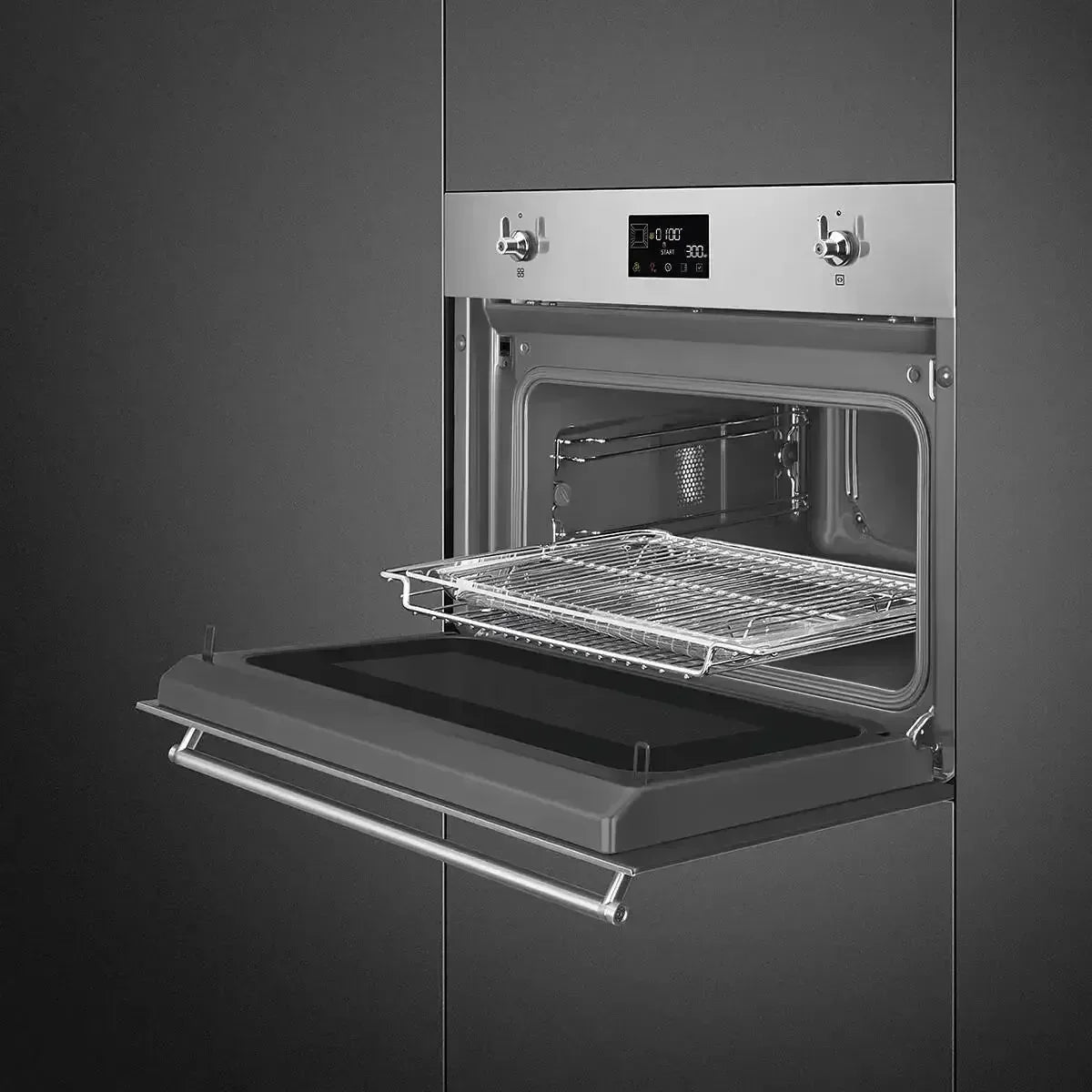 Stainless steel built-in oven with digital display and pull-out rack, modern kitchen appliance