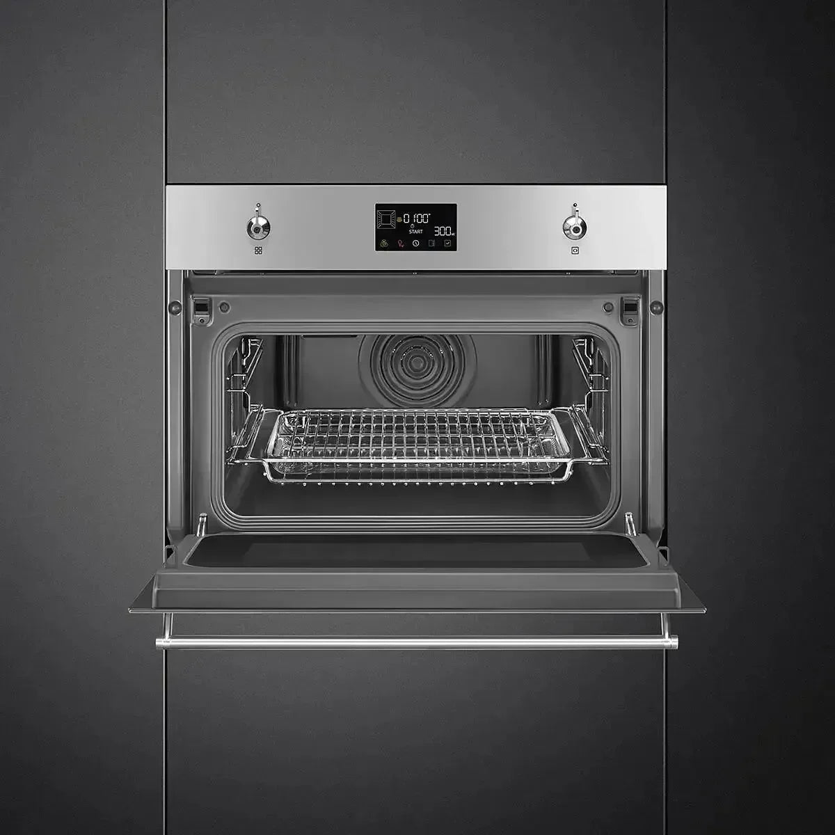 Modern built-in oven with digital display and open door, showcasing interior racks and sleek stainless steel finish.