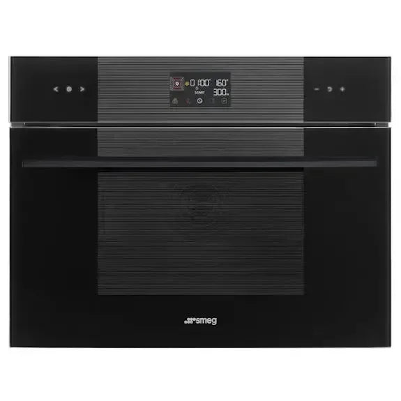 Black Smeg built-in oven with digital display, sleek design for modern kitchen appliances