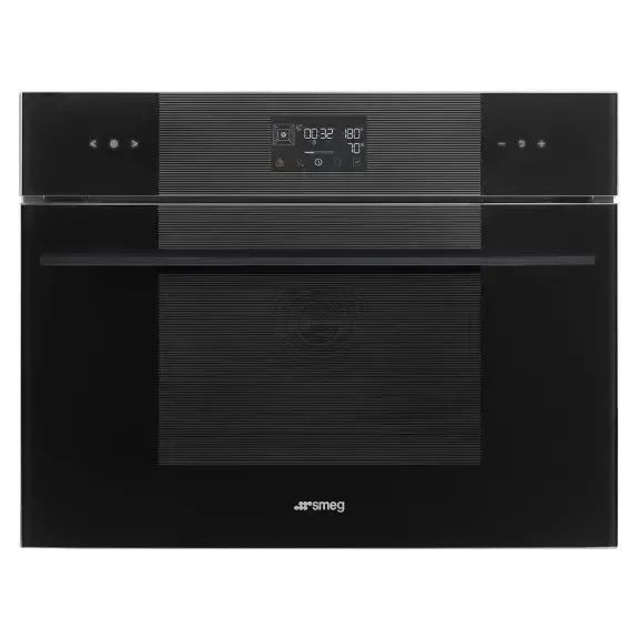 Sleek black Smeg built-in oven with digital display, perfect for modern designer kitchens.